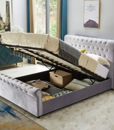 Plush Velvet Sleigh Ottoman Storage Bed