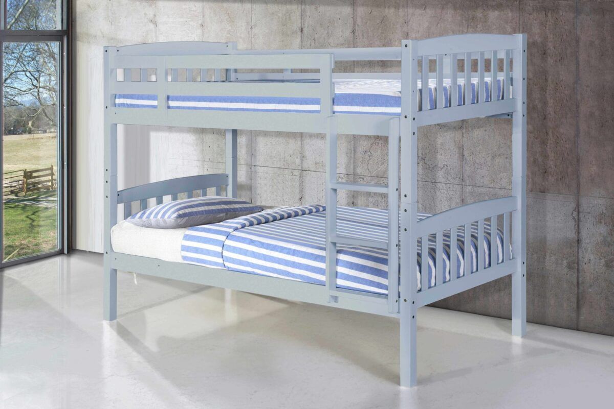 grey single wooden bunk bed