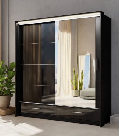 High Gloss 2 Door Black Sliding Wardrobe 208 Marsylia