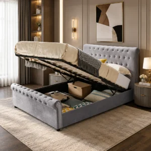 Plush Velvet Sleigh Ottoman Storage Bed