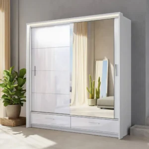 White Gloss Wardrobe with 2 Sliding Mirror Doors