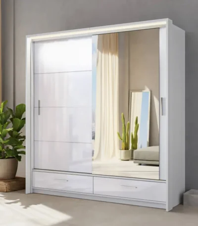 White Gloss Wardrobe with 2 Sliding Mirror Doors