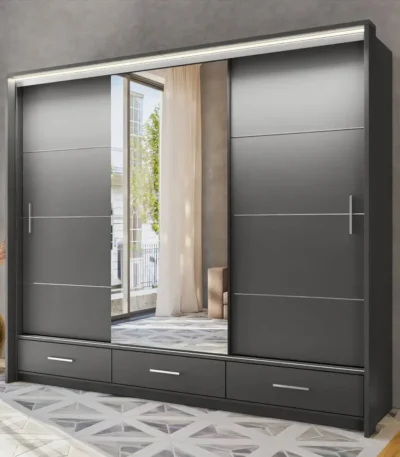 Grey Wardrobe 3 Door Mirror Sliding Marsylia 255cm