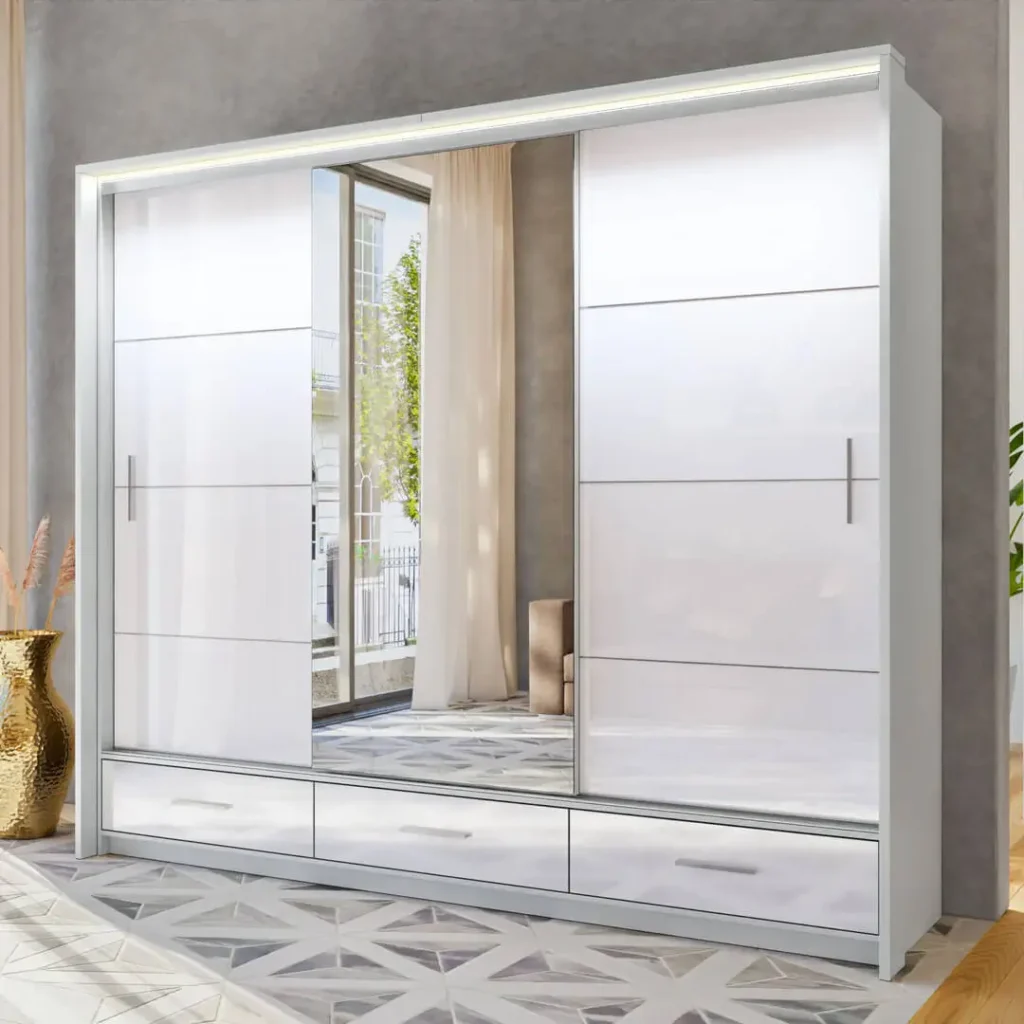 White High Gloss Mirror Sliding Door Wardrobe Marsylia 255cm