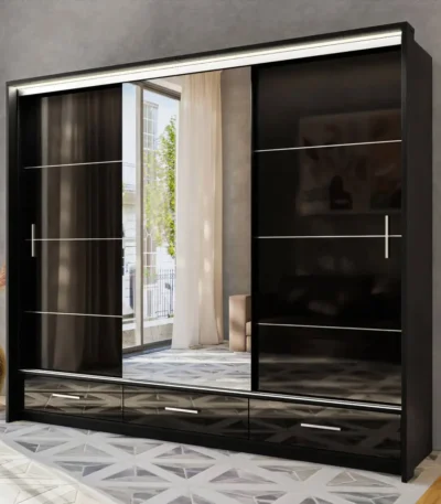 Black High Gloss Mirror 3 Door Sliding Door Wardrobe