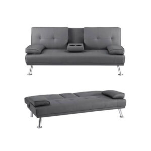 2-Seater Leather Cup Holder Sofa Bed grey