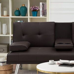 2-Seater Leather Cup Holder Sofa Bed brown