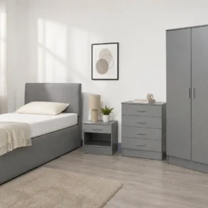 Grey Bedroom Set – Divan Bed, Bedside Table, Chest of Drawers & Wardrobe